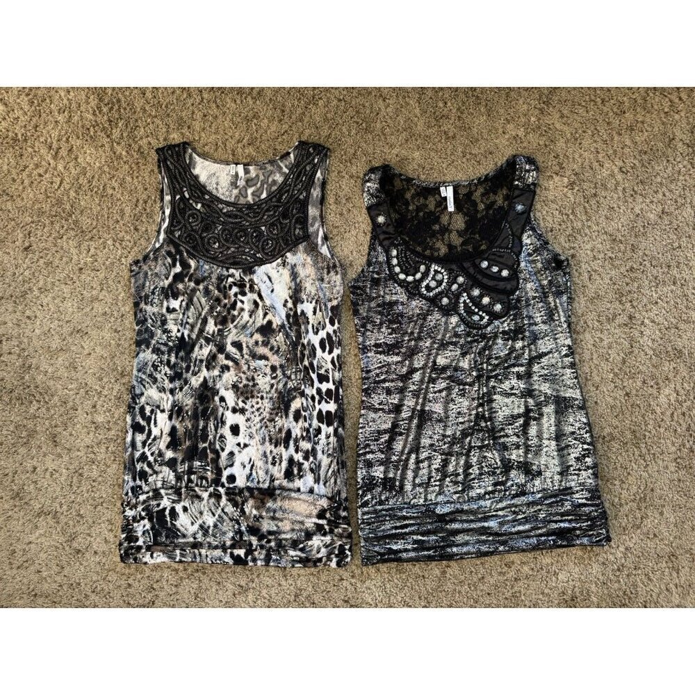 STUDIO Y Black Gray Lace Scoop Neck Sleeveless Top Metallic Elastic Waist LOT S